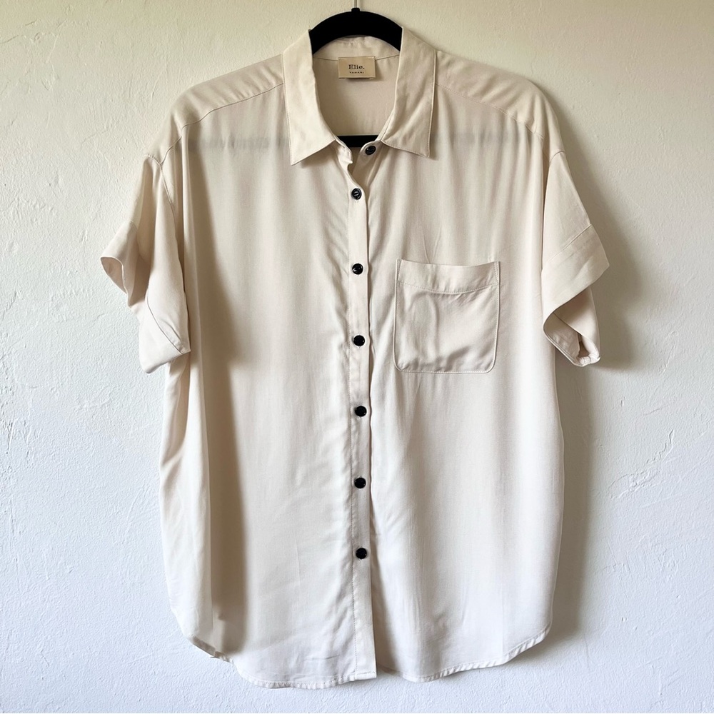 Elie Tahari Ivory Short Sleeve Button Front Blouse, Size Large